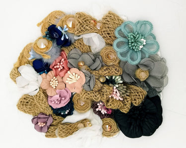 Handcrafted Jute Floral Applique in Pink, Black, Grey